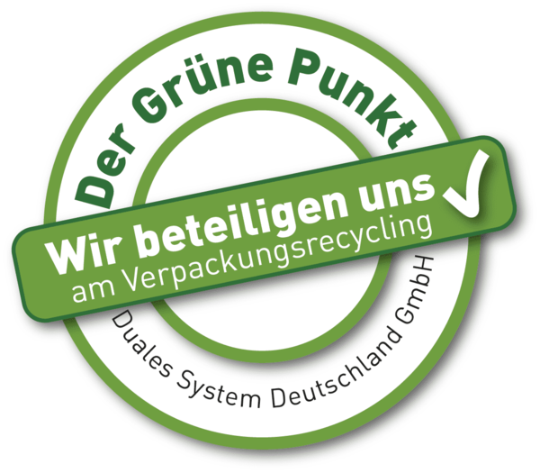 Mit diesem Logo möchten wir zeigen, dass wir Kunde beim Grünen Punkt sind, und damit unseren Pflichten zur Systembeteiligung nach dem Verpackungsgesetz nachkommen wollen.
